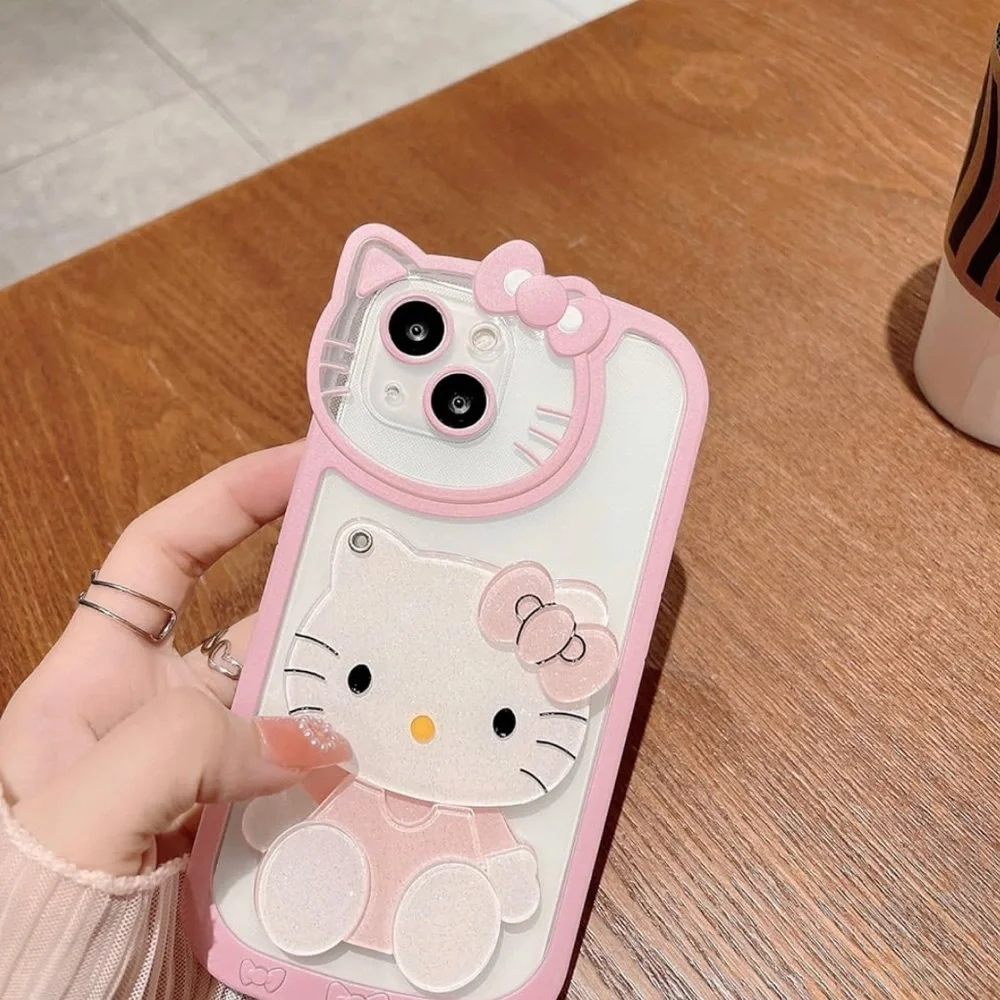 for iPhone 14 Pro Kawaii Cartoon Cute Pink Phone Case with Mirror